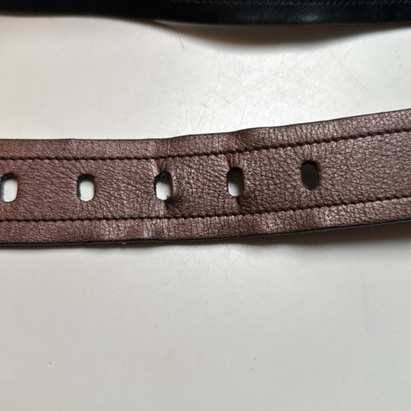 Prada vintage 80s Brown metallic leather belt~LG Chrome monogram buckle~openedge - Picture 8 of 15